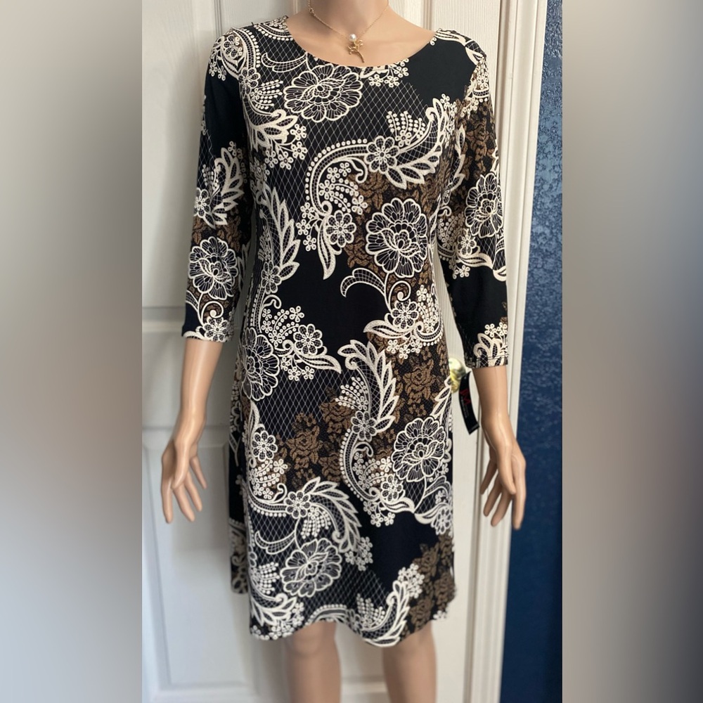 M.STUDIO Elegant Black and Brown Patterned Dress